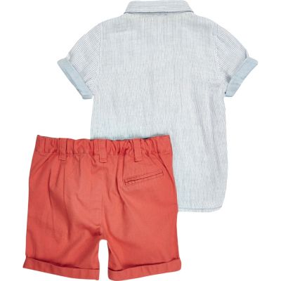 Mini boys blue stripe shirt shorts outfit